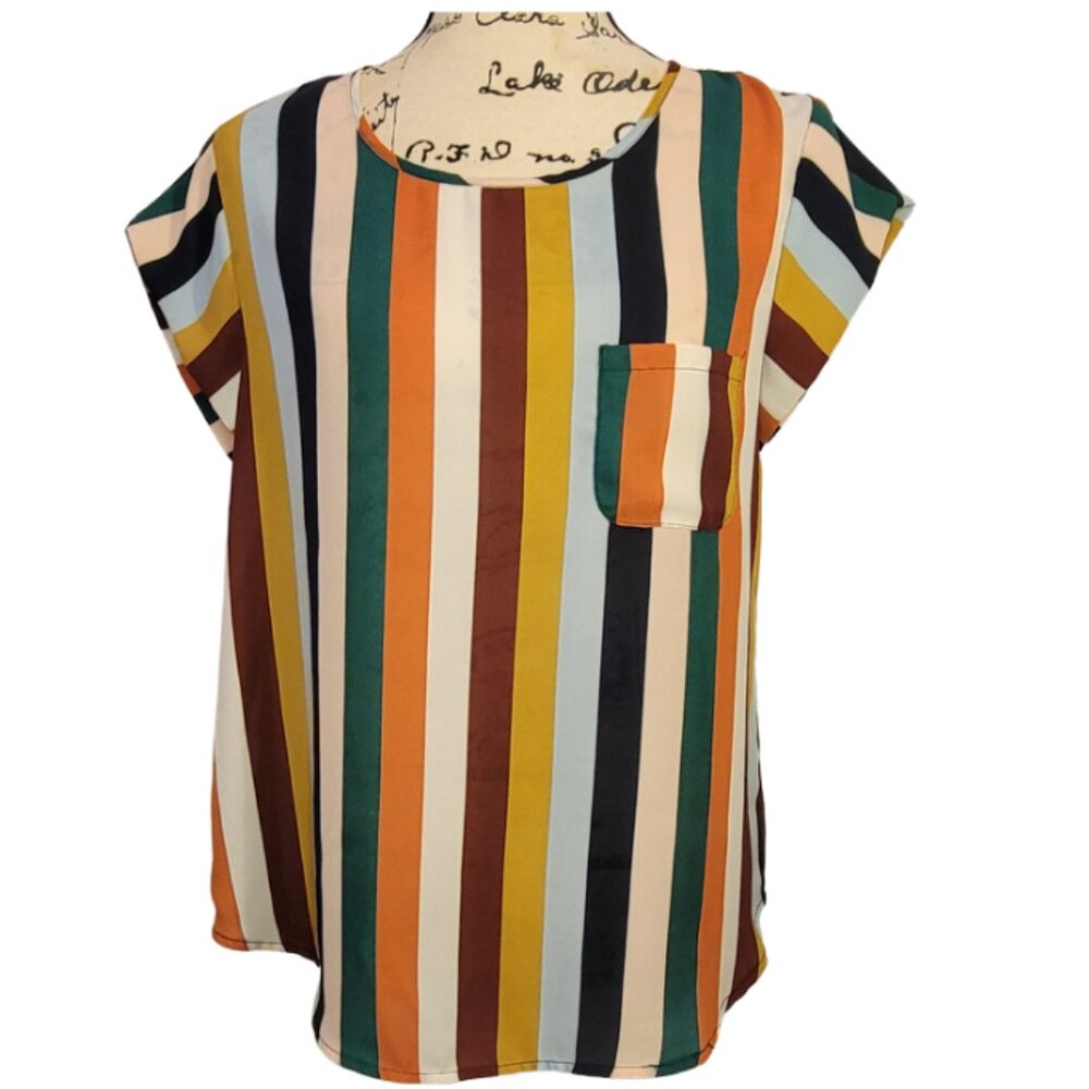 Lily White Classic Chic Business Casual Striped Cap Sleeved Blouse Size L
